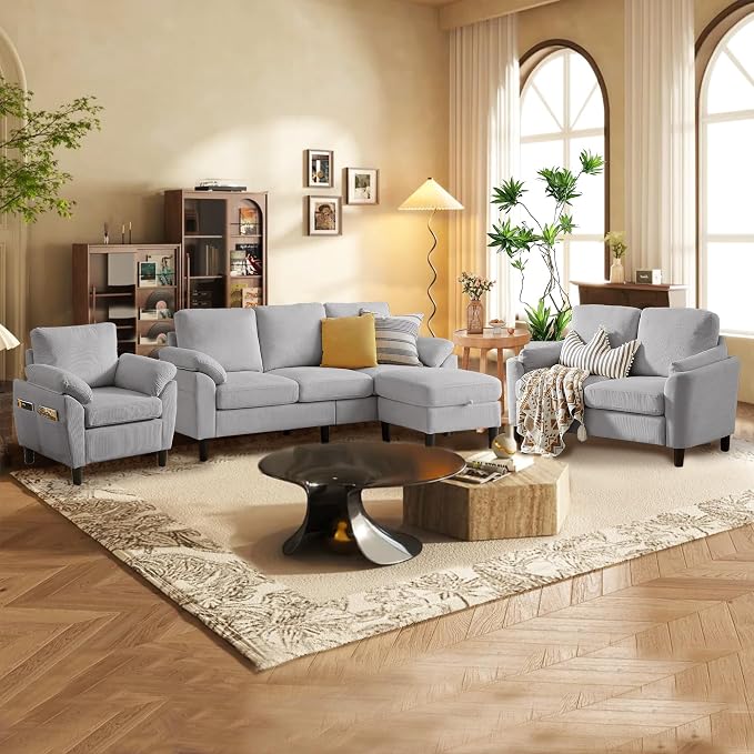 4 Piece Modern Corduroy Sofa Set, L-Shaped Sectional Couch - Image 3