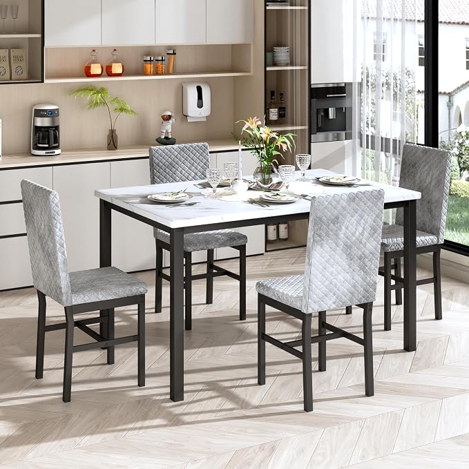 Recaceik Dining Table Set for 4, Modern 5 Piece Dining Table Set Faux Marble - Image 4