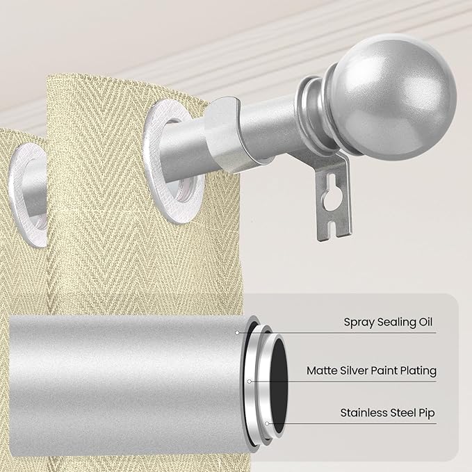 Silver Curtain Rods for Windows 28 to 48 Inch, 5/8" Diameter Heavy Duty Metal - Image 2