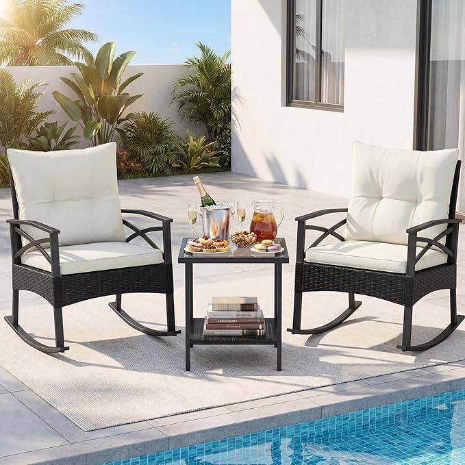 Tangkula 3 Pieces Outdoor Rocking Chairs Set, Rattan Heavy Duty Cushioned - Image 3