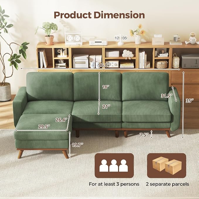 Vesgantti 97" L-Shape Modular Sofa, 3-Seat Corduroy Couch - Image 3
