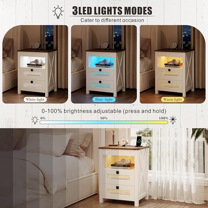 Bedside Table Set of 2 with Charger Station, Night Stand with Gun Drawer - Image 4