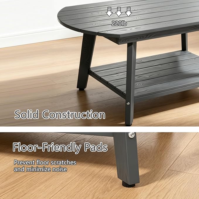 Oval Coffee Table with Open Storage Shelf, Dark Gray Wood Grain Sturdy Coffee - Image 6