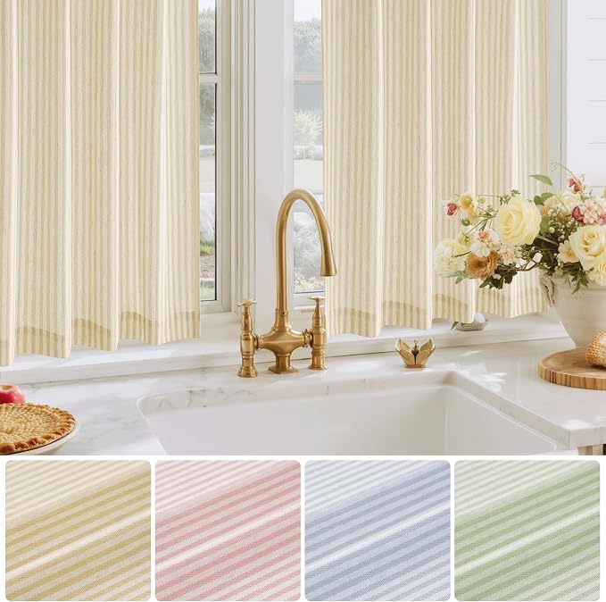 RYB HOME Yellow Kitchen Curtains 24 inch Length, Linen Farmhouse Striped Tier - Image 7