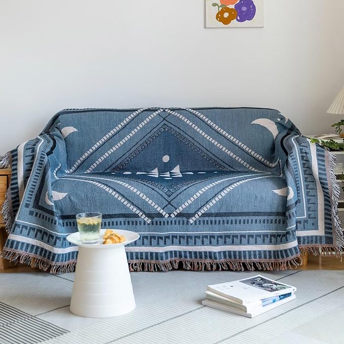 VClife Boho Sofa Couch Cover White Blue Plaid Stripe Couch Cover by VCLIFE