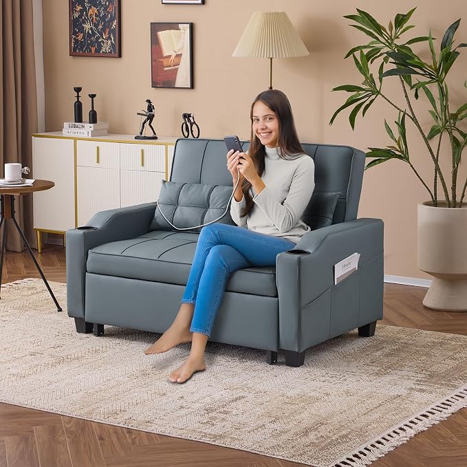 VINGLI Convertible Loveseat Sleeper Sofa, Cup Holders, Armrest - Image 2
