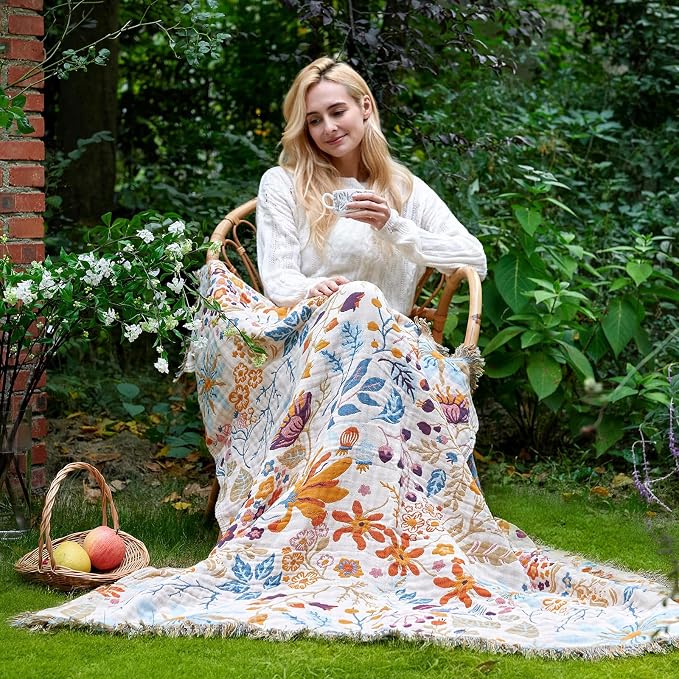 LUTBM Boho Throw Blanket with Florals & Leaves Embroidery Reversible - Image 2