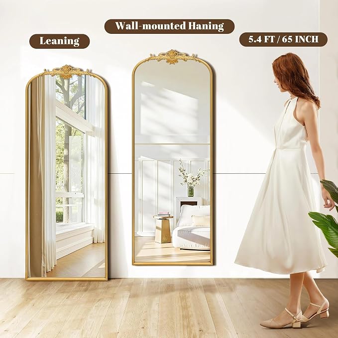 Besdomus Antique Full Length Mirror: 21"x56" French Gleaming Gold Arched Full - Image 7