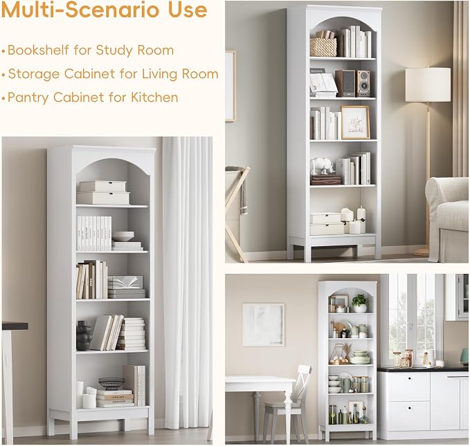 Arched Set of 2 Bookshelf with 5 Tier Open Shelves, Living Room, Modern White - Image 5