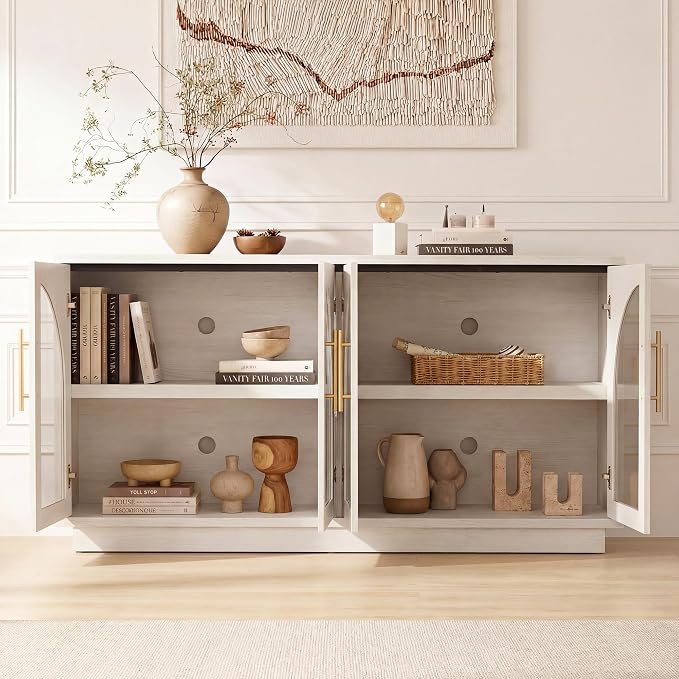 Fatmok 59" Buffet Cabinet with Glass Doors, Modern Arched Sideboard with Large - Image 3