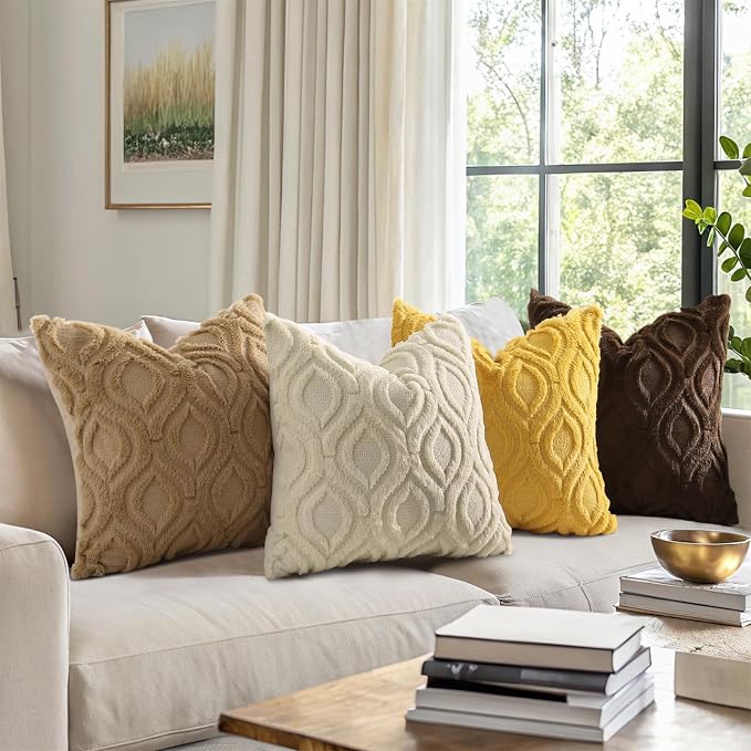 decorUhome Throw Pillow Covers 22x22 Inch Set of 2, Soft Plush Faux Wool Khaki - Image 2