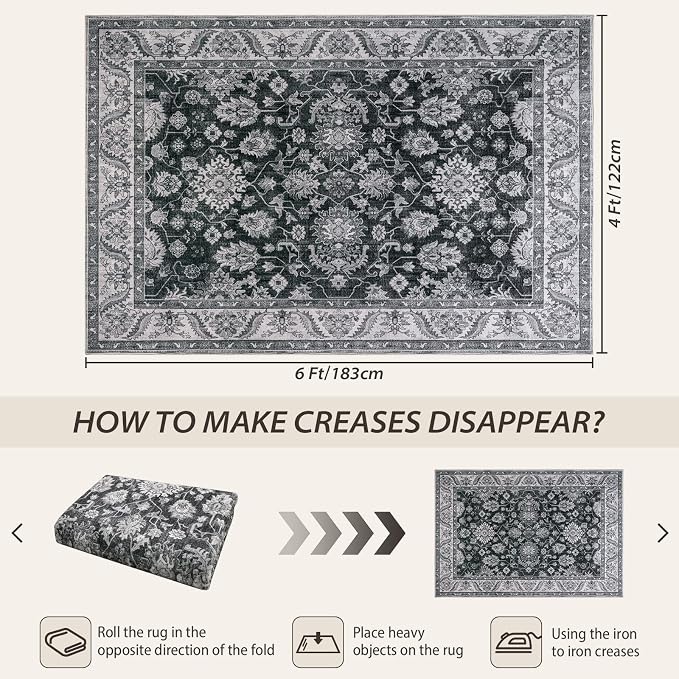 Area Rugs for Living Room, 4x6 Washable Rugs for Bedroom, Non-Slip Retro Floral - Image 2