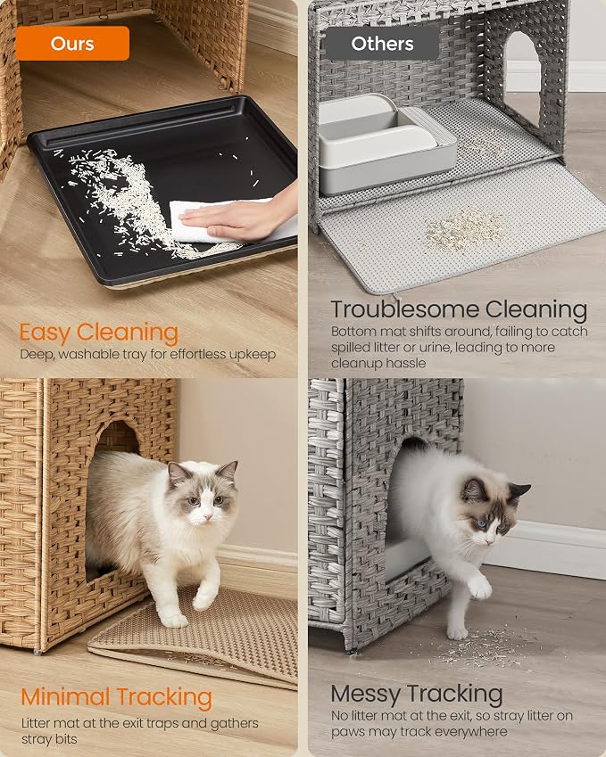 Feandrea Cat Litter Box Enclosure, Handwoven Rattan Hidden Litter Box Furniture - Image 3