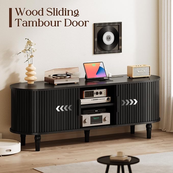 TV Console with Power Outlet-55" Entertainment Center with Sliding Tambour Door - Image 6