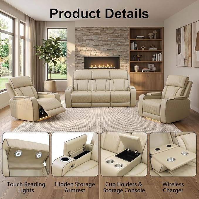 Power Recliner Sofa Set with LED Lights, Includes 2 Manual Recliner 1 Seat and - Image 3