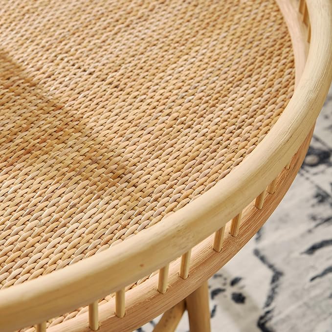 FINECASA Round Rattan Coffee Table, Modern Unique Farmhouse Tray Top Center - Image 4