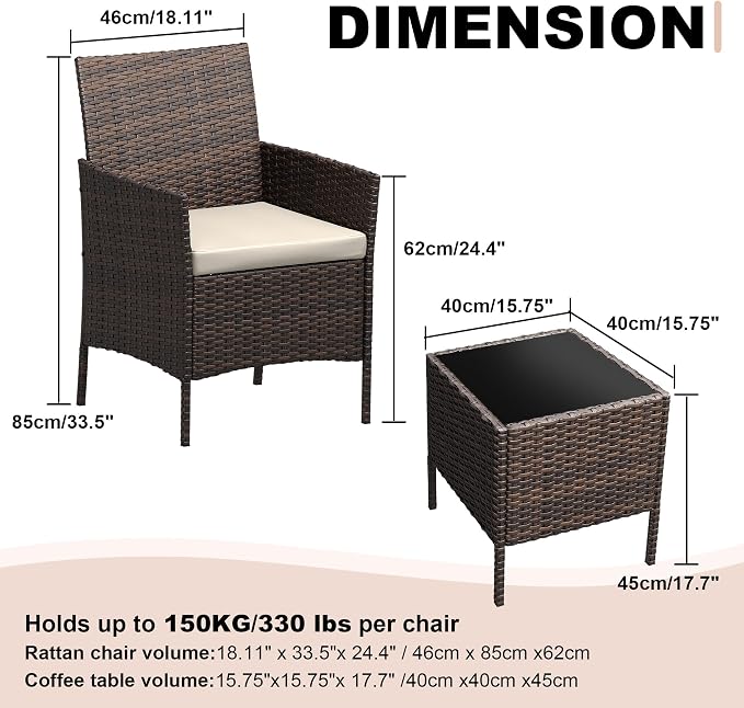 GarveeLife 3-Piece Patio Furniture Set, Rattan Outdoor Furniture - Image 2