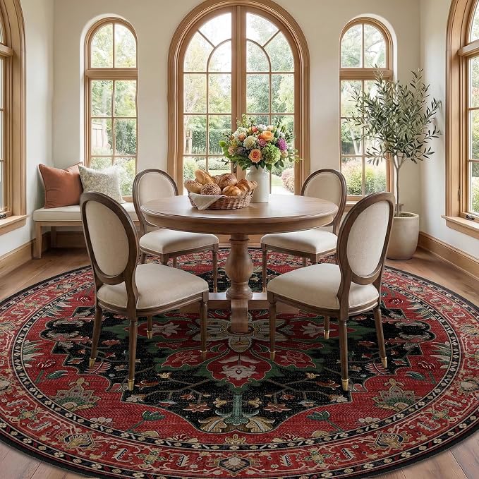 RELEANY Area Rugs Round 10ft Washable Non-Slip, Floral Vintage Distress Print - Image 3