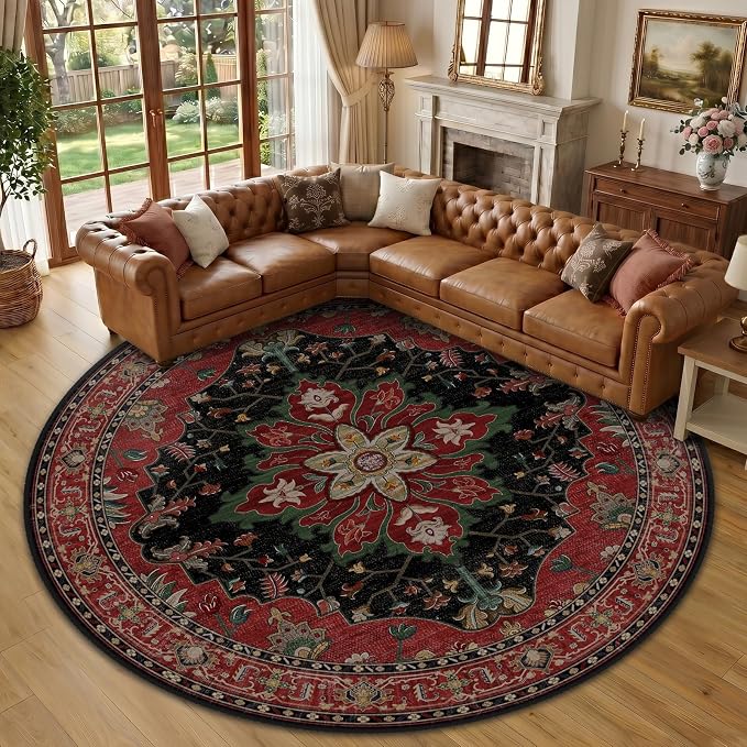 RELEANY Area Rugs Round 10ft Washable Non-Slip, Floral Vintage Distress Print by RELEANY
