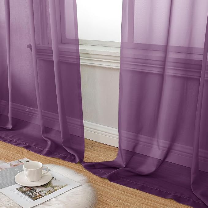 Aiyufeng Plum Purple Sheer Curtains 63 Inches Long 2 Panels Set, Solid Voile - Image 7