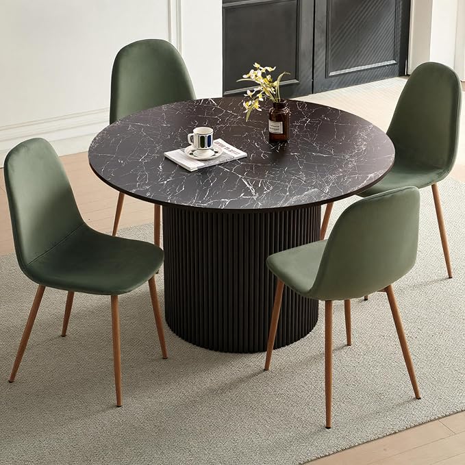 Dining Table Set for 4, Mid Century Modern 47 Inch Black Marble-Look Wooden - Image 7