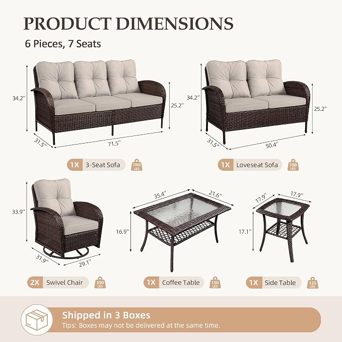 UPHA 6 Pieces Patio Furniture Sets, Wicker Outdoor Sofa Set - Image 2
