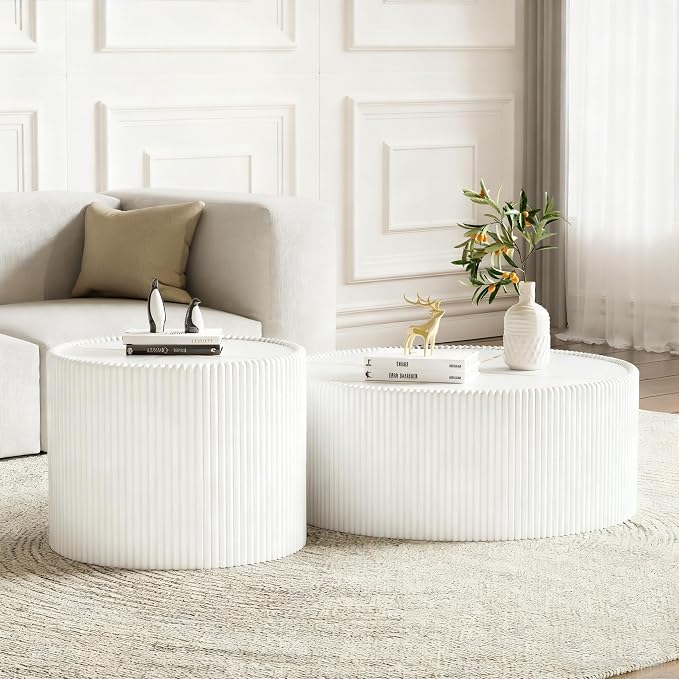 SSLine Round Drum Coffee Table Set of 2 Modern Sintered Stone Top Nesting by SSLine