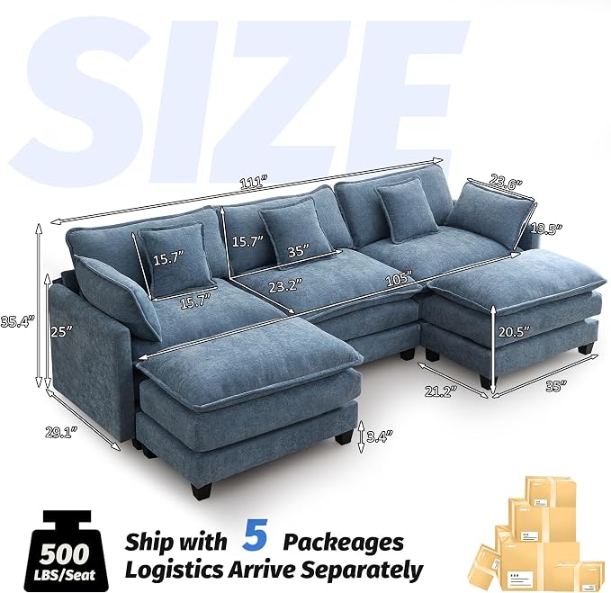 111'' Sectional Cloud Deep Seat Couch, Oversized Chenille U Shaped Sectional - Image 2