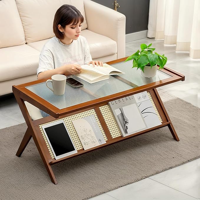 Boho-Inspired Rustic Brown Rattan Coffee Table – Mid Century Modern Style - Image 6