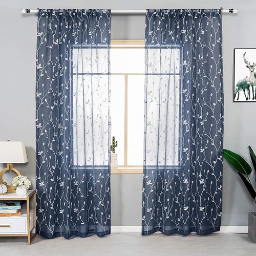 AmHoo 2 Panels Embroidered Leaf Pattern Semi Sheer Curtains Foliage Floral - Image 2