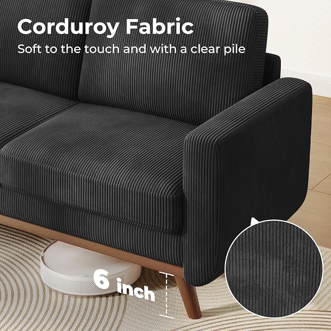 Vesgantti 68" Loveseat Sofa Black, Comfy Corduroy Couch - Image 5