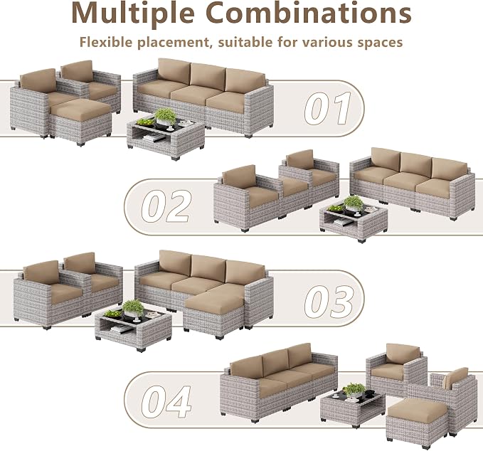 LOUVIXA 7 Piece Outdoor Patio Furniture Set, Rattan Chairs Glass Table Wicker - Image 4