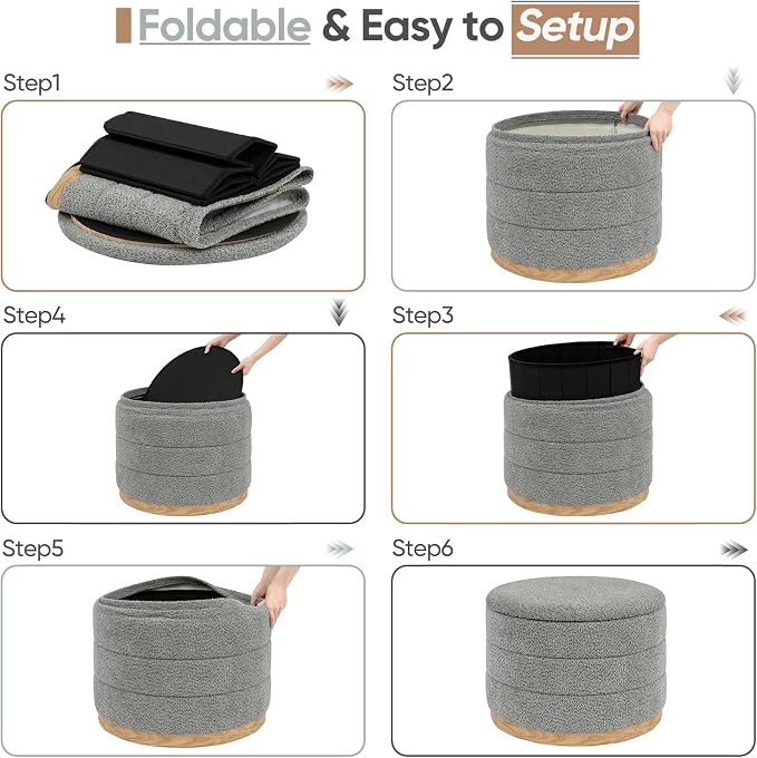 Round Storage Ottoman with Tray Lid, Folding Chenille Fabric Footrest with - Image 7