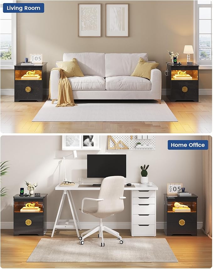 Nightstands Set of 2 with Gun Drawer, Bedside Table with 3-Color LED Lights & - Image 9