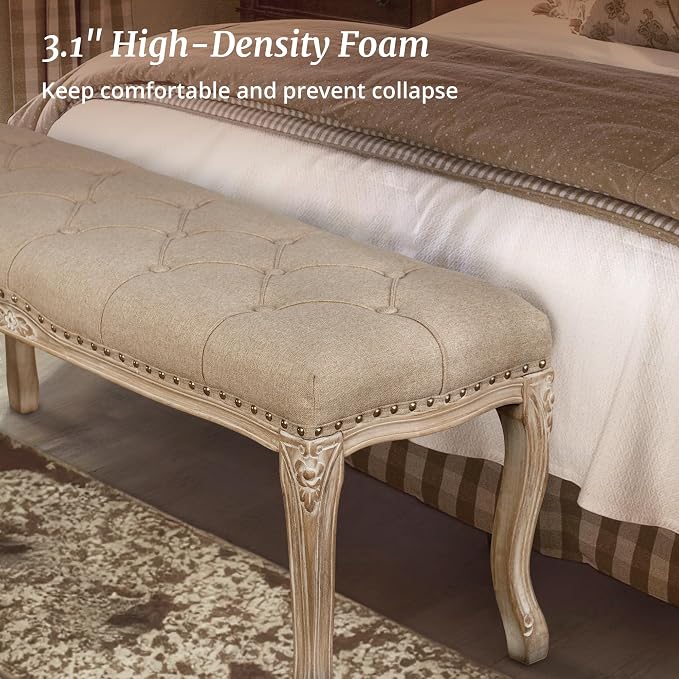 Cozyman Bedroom Bench, French Vintage Tufted Entryway Bench, 45.2" Carving - Image 7