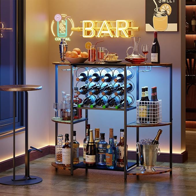 JKsmart Wine Bar Cart with LED Lights, Mini Wine Rack with Storage and Glass - Image 8