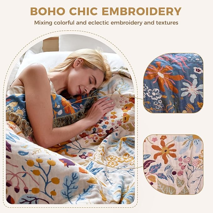LUTBM Boho Throw Blanket with Florals & Leaves Embroidery Reversible - Image 4