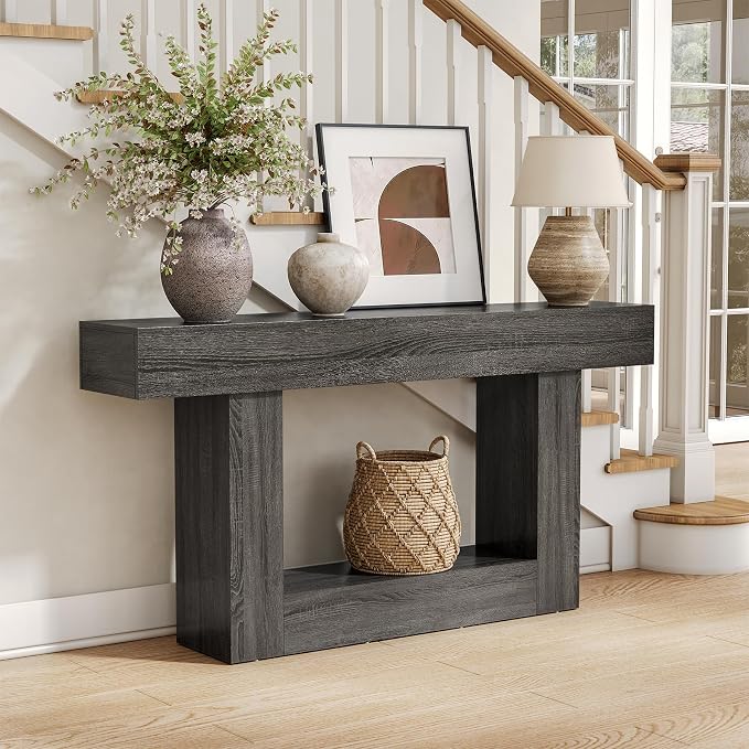 LITTLE TREE 63 Inches Long Console Table, 2-Tier Farmhouse Sofa Table Behind by LITTLETREE