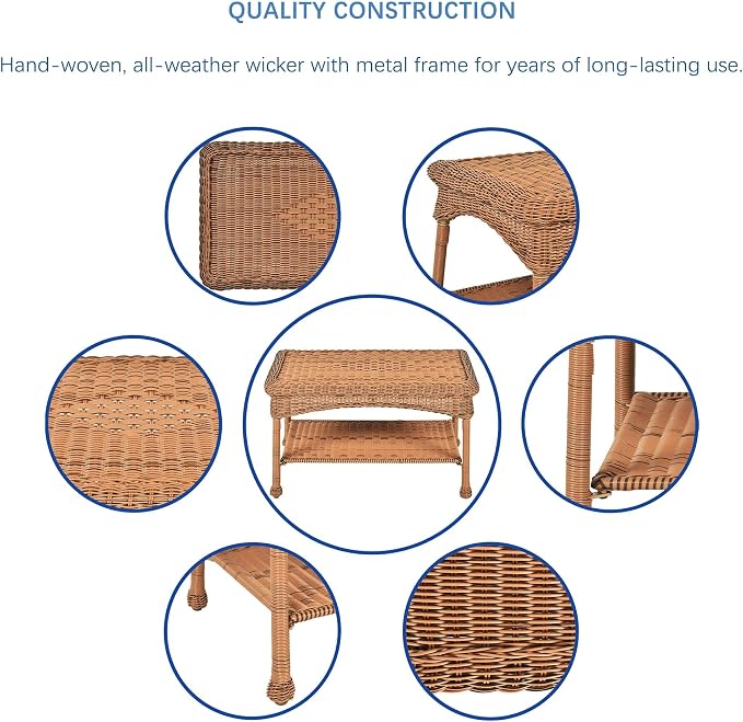 Jeco Wicker Patio Love Seat and Coffee Table Set in Honey Without Cushion - Image 8