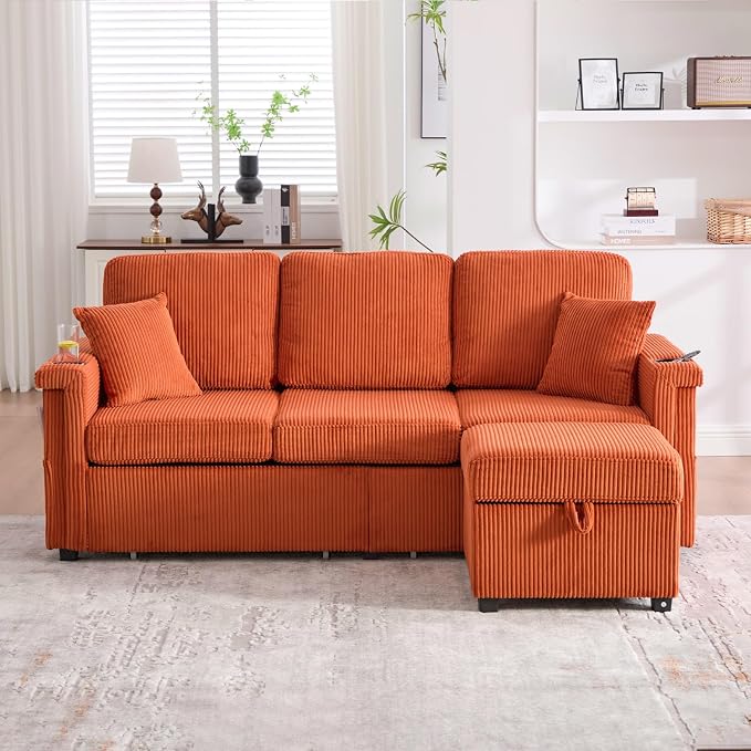 L-Shaped Sectional Sofa with Storage & Movable Ottoman, Corduroy 3 Seater - Image 3