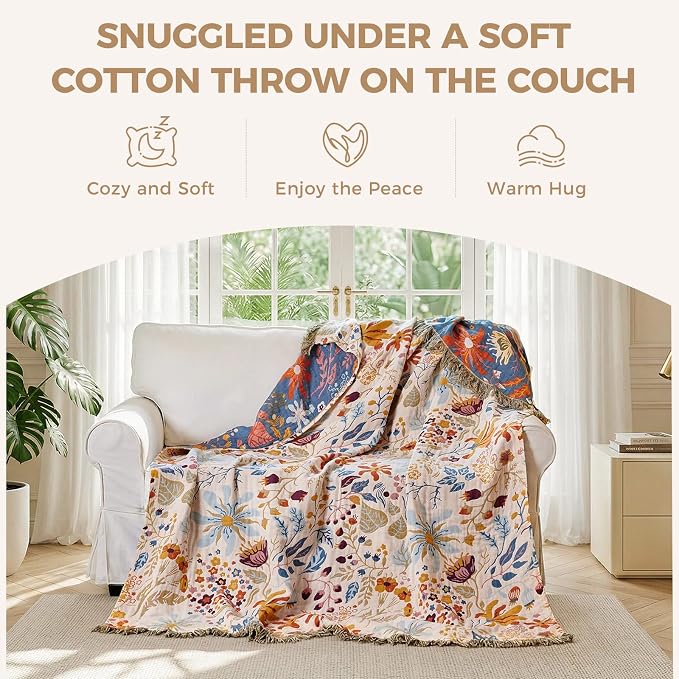 LUTBM Boho Throw Blanket with Florals & Leaves Embroidery Reversible - Image 5