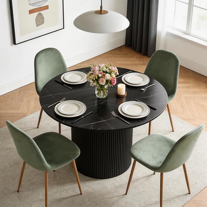 Dining Table Set for 4, Mid Century Modern 47 Inch Black Marble-Look Wooden - Image 4