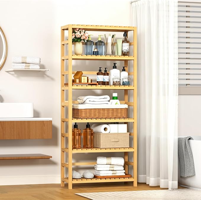 VASMIA 6-Tier Bamboo Shelf, Bamboo Storage Shelving Unit, Tall Bookcase - Image 4