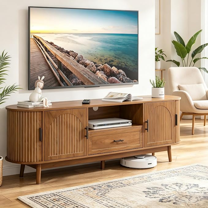 Mxtxmy 70" Fluted TV Stand for Tvs up to 80", Mid-Century Modern Entertainment by Mxtxmy