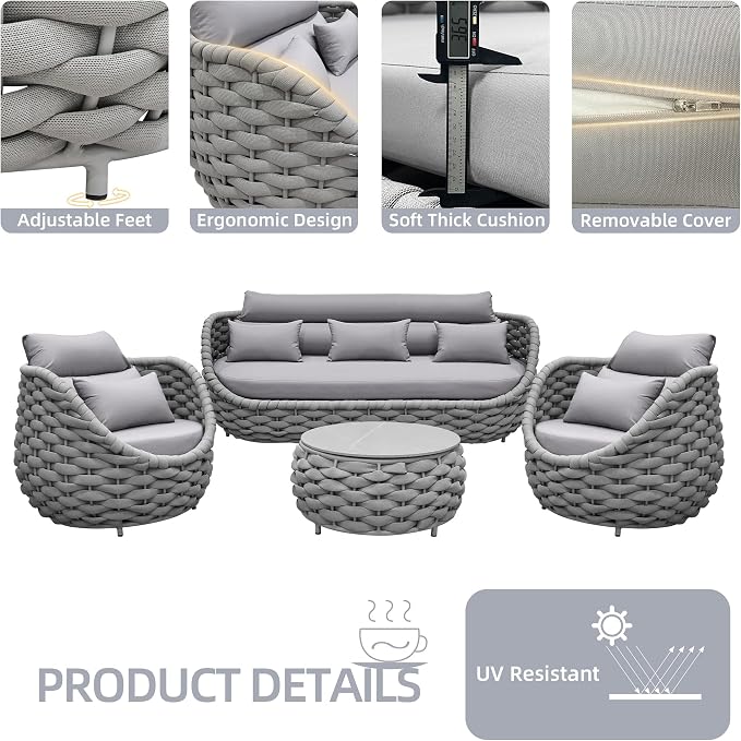 TWT Aluminum Modern Patio Set Three Seater Sofa Outdoor Furniture Set w/Coffee - Image 3