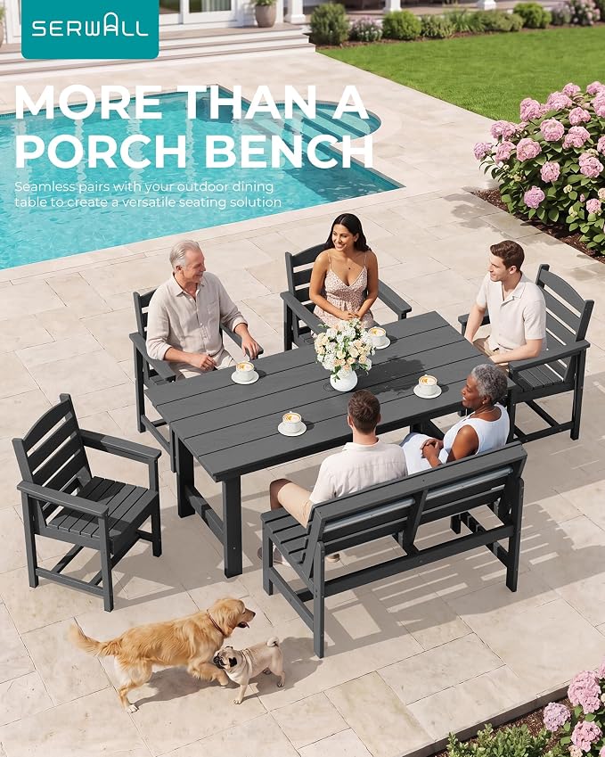 SERWALL Outdoor Bench, All Weather HDPE Outdoor Benches, 2-Person Armless Porch - Image 4