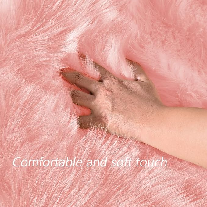 Latepis Round Pink Faux Sheepskin Fur Rug Circle Rugs 4ft Soft Fluffy Rugs - Image 4