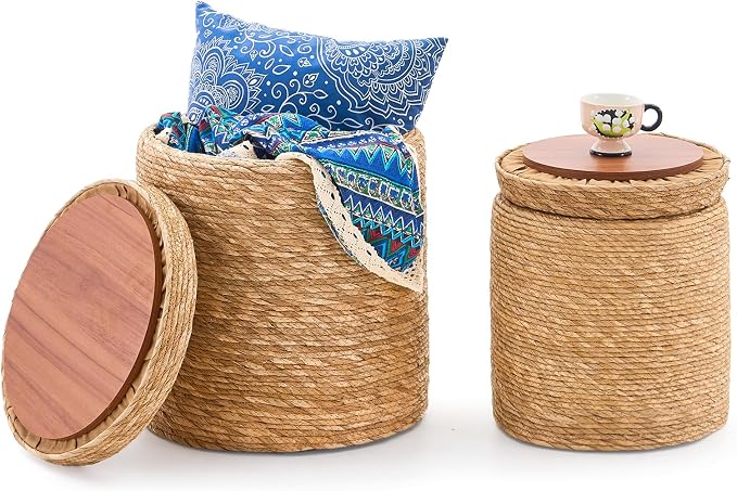 Wimarsbon Round Pouf Ottomans, Handwoven Natural Water Hyacinth Seagrass Pouffe by Wimarsbon