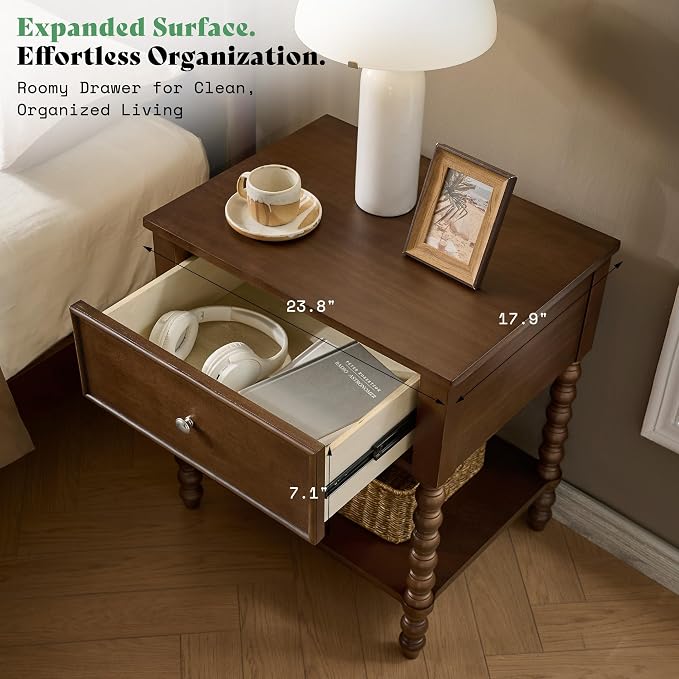 AMERLIFE 24" Walnut Nightstand Set of 2, Vintage Bedside Table - Image 6