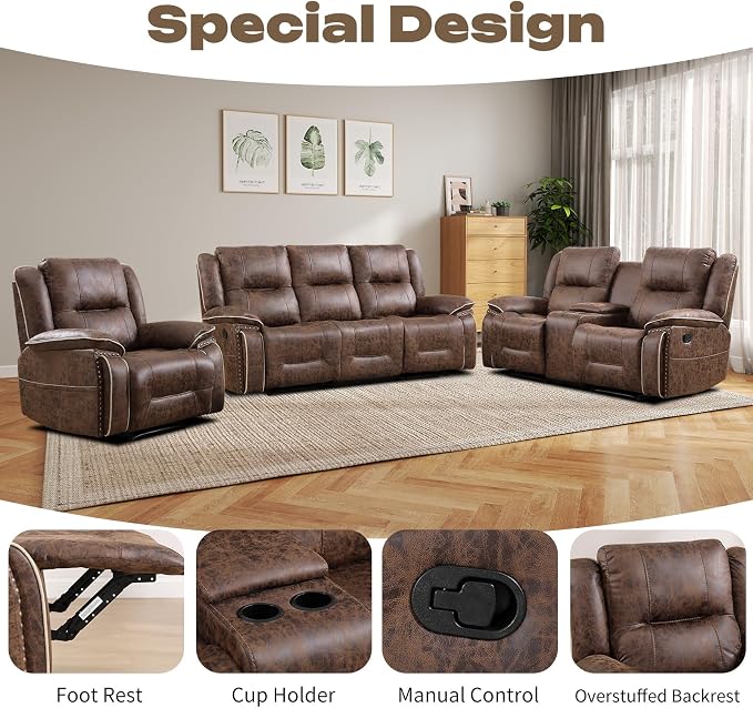 EBELLO Faux Leather Manual Recliner Sofa Set, 1 Seat Reclining Chair, a Loveseat - Image 3